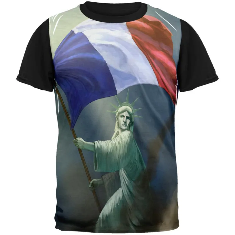 Lady Liberty Waving French Flag Adult Black Back T-Shirt sold by Old Glory