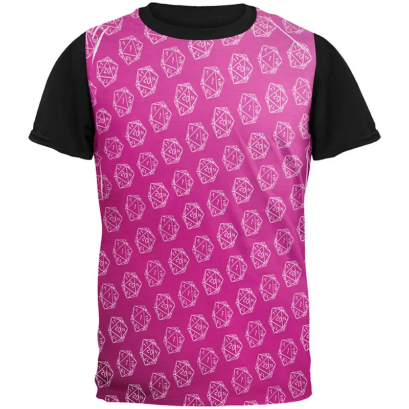 D20 Gamer Critical Hit and Fumble Pink Pattern All Over Mens Black Back T Shirt sold by Old Glory