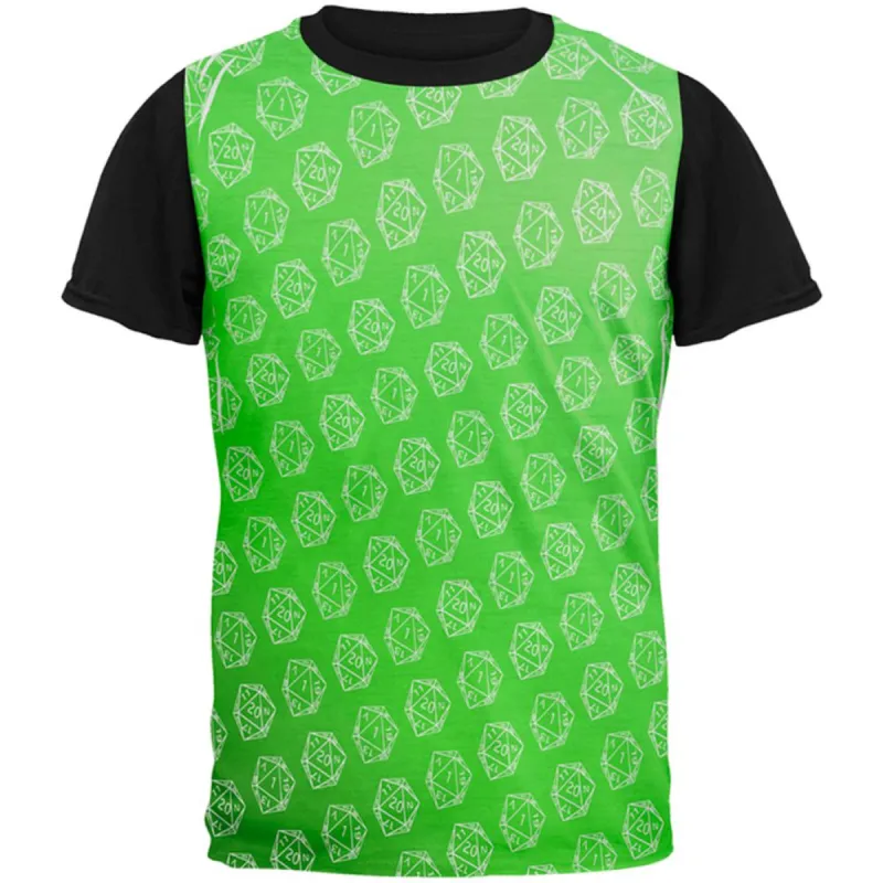 D20 Gamer Critical Hit and Fumble Green Pattern All Over Mens Black Back T Shirt sold by Old Glory