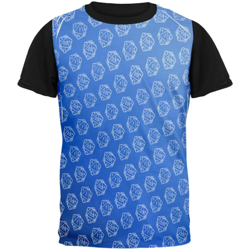 D20 Gamer Critical Hit and Fumble Blue Pattern All Over Mens Black Back T Shirt sold by Old Glory