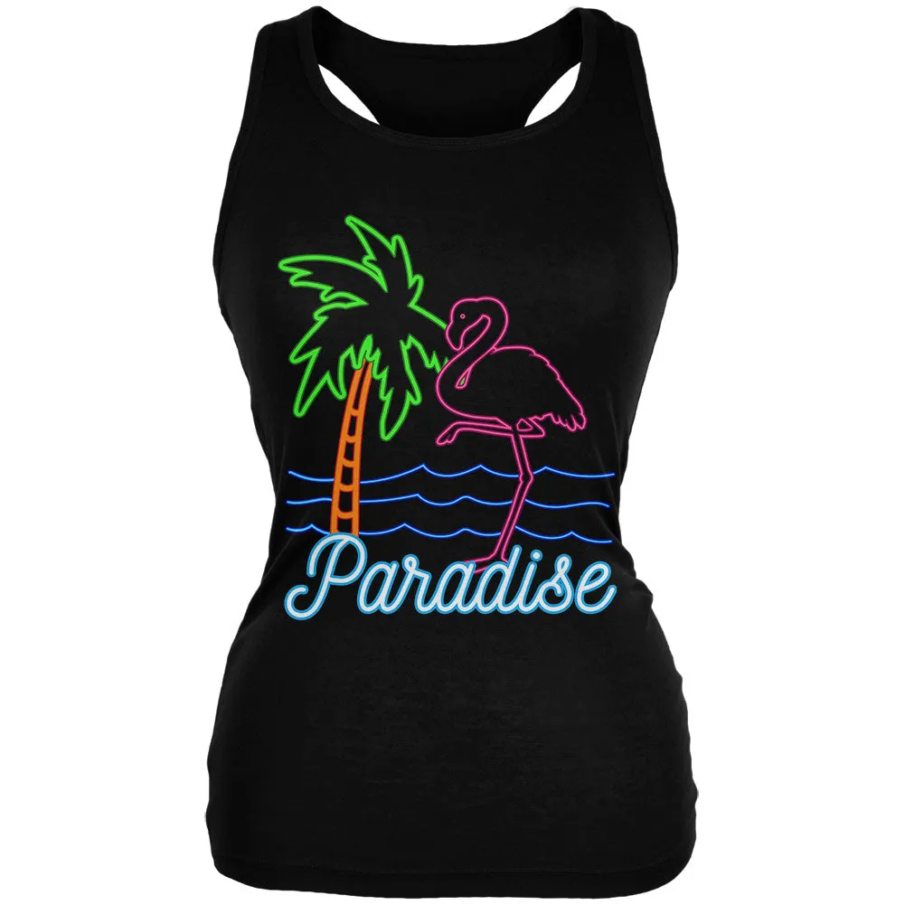 Retro 80s Neon Sign Flamingo Paradise Juniors Soft Tank Top sold by Old Glory