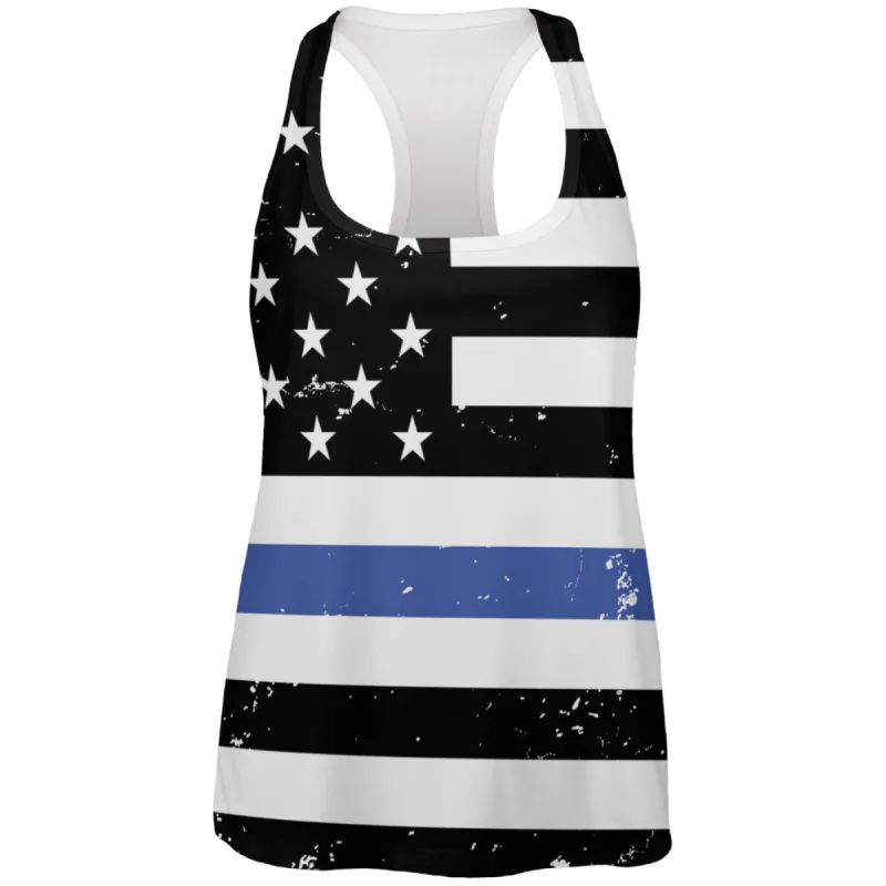 Distressed Thin Blue Line American Flag All Over Womens Work Out Tank Top sold by Old Glory