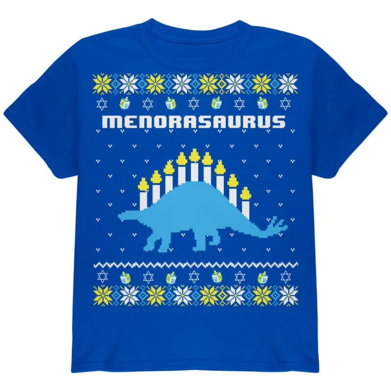 Hanukkah Ugly Sweater Menorasaurus Menorah Stegasaurus Youth T Shirt sold by Old Glory