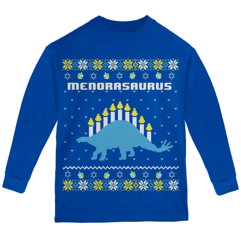 Hanukkah Ugly Sweater Menorasaurus Menorah Stegasaurus Youth Long Sleeve T Shirt sold by Old Glory