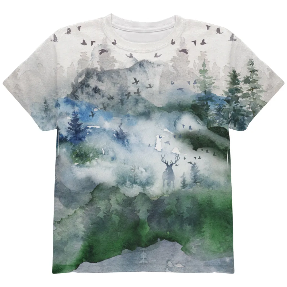 Watercolor Deer in the Mist All Over Youth T Shirt sold by Old Glory