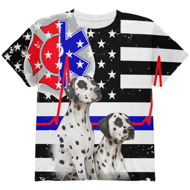 Firefighter EMT Dalmatian Live Forever Thin Red Line Flag All Over Youth T Shirt sold by Old Glory