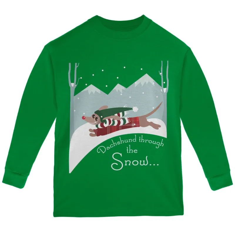 Christmas Dachshund Dashing Through the Snow Youth Long Sleeve T Shirt sold by Old Glory