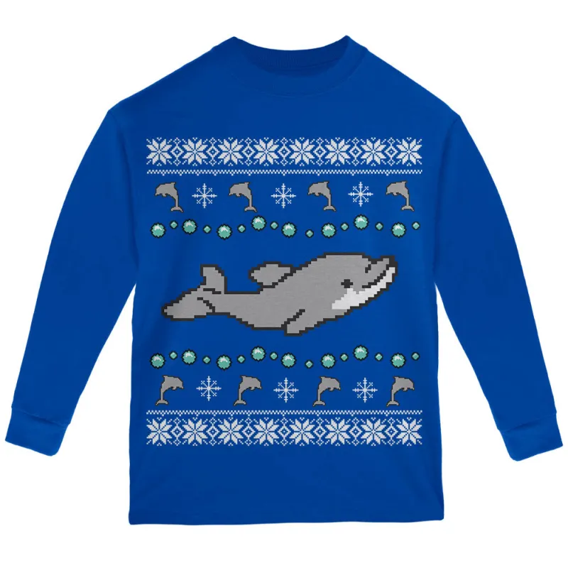 Ugly Christmas Sweater Dolphin Youth Long Sleeve T Shirt sold by Old Glory