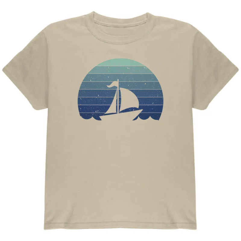 Marina Ocean Sail Boat Silhouette Retro Sunset Blue Youth T Shirt sold by Old Glory