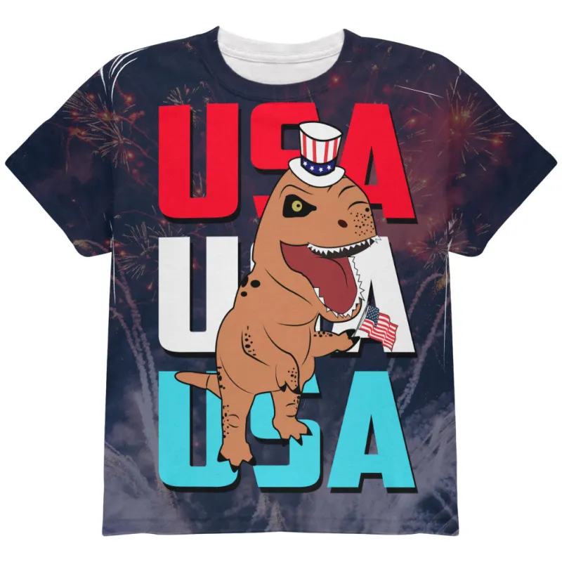 4th Of July USA Patriotic T-Rex All Over Youth T Shirt sold by Old Glory