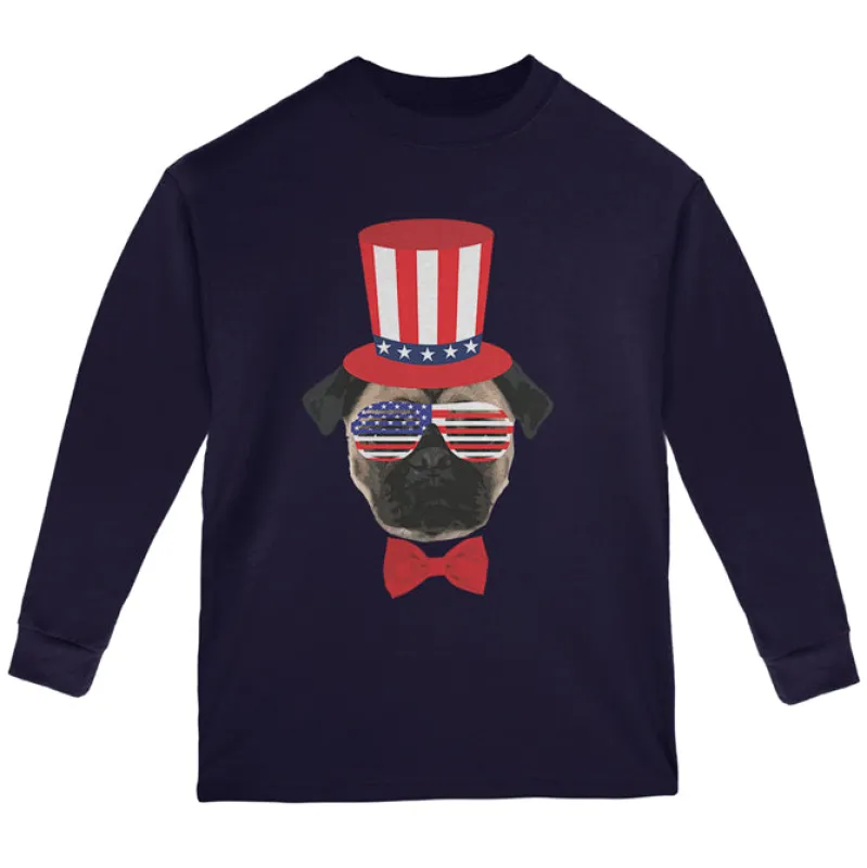 4th of July Funny Pug Youth Long Sleeve T Shirt sold by Old Glory