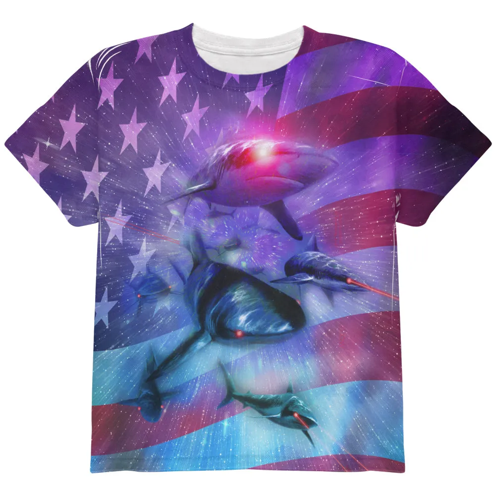 July 4th Patriotic American Galaxy Laser Sharks All Over Youth T Shirt sold by Old Glory
