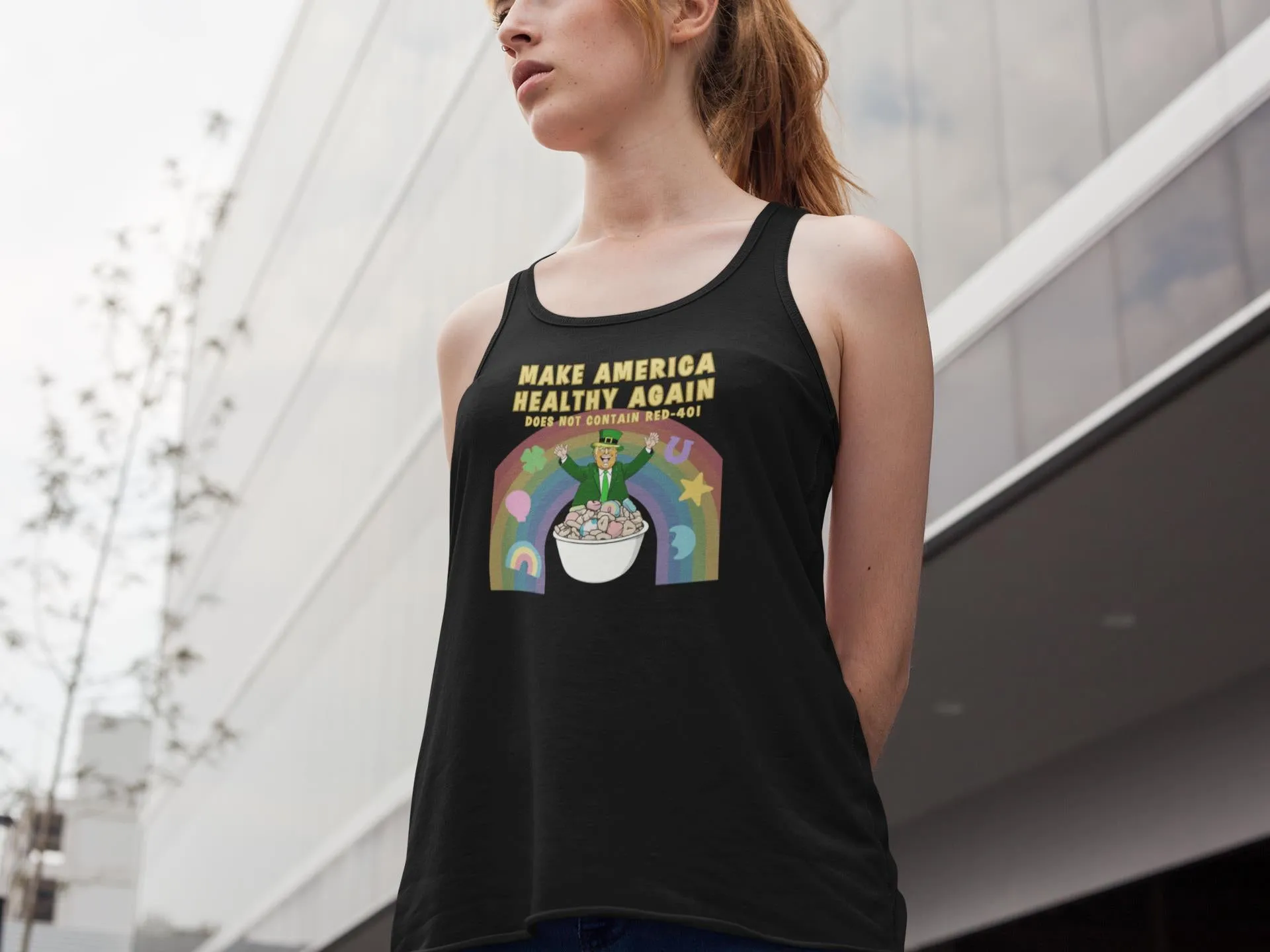 St. Patricks Day Funny and Political Trump Make America Healthy Again Cereal Box Cover Juniors Womens Racerback Tank Top sold by Old Glory product image thumbnail 5