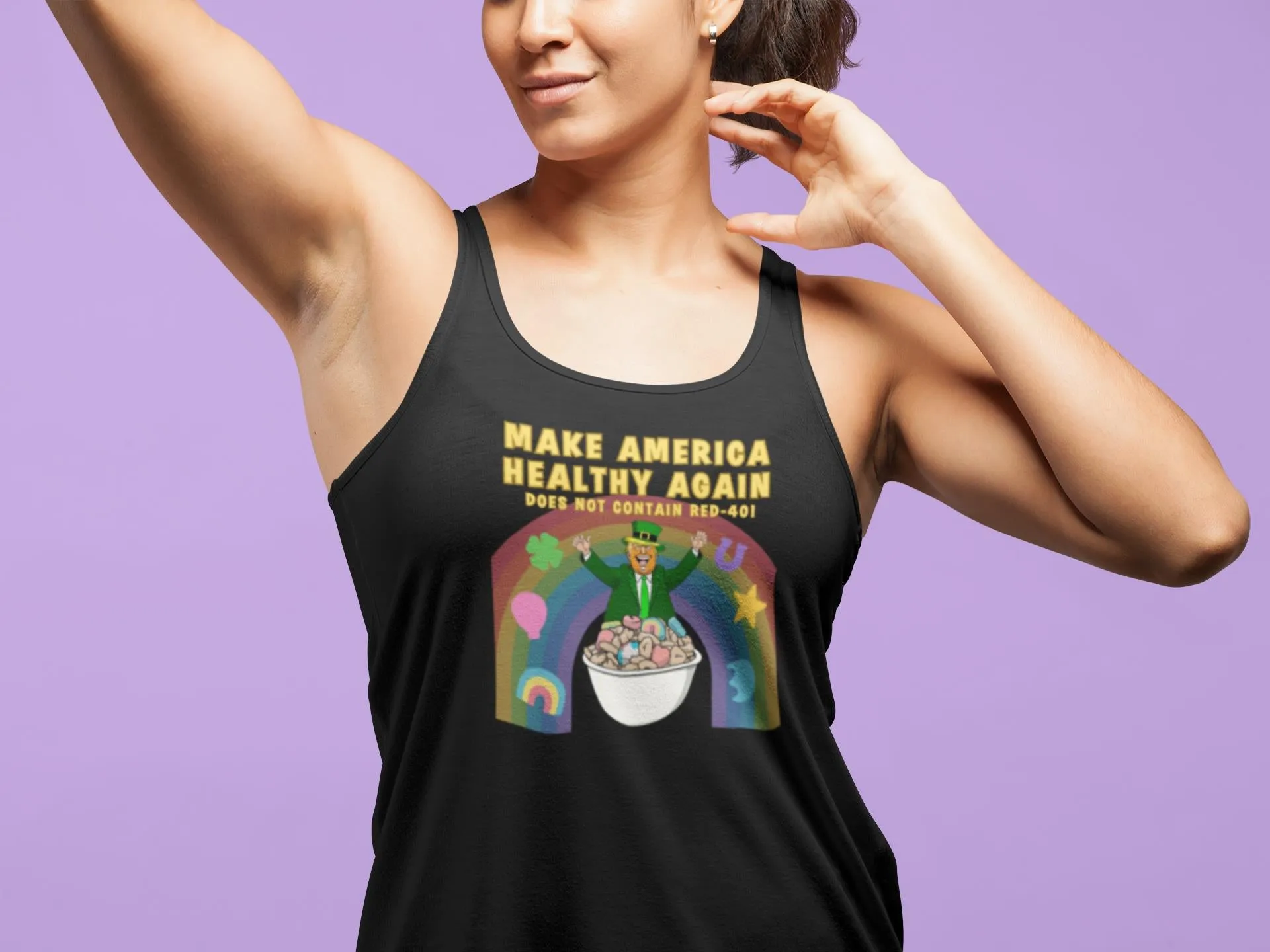 St. Patricks Day Funny and Political Trump Make America Healthy Again Cereal Box Cover Juniors Womens Racerback Tank Top sold by Old Glory product image thumbnail 3