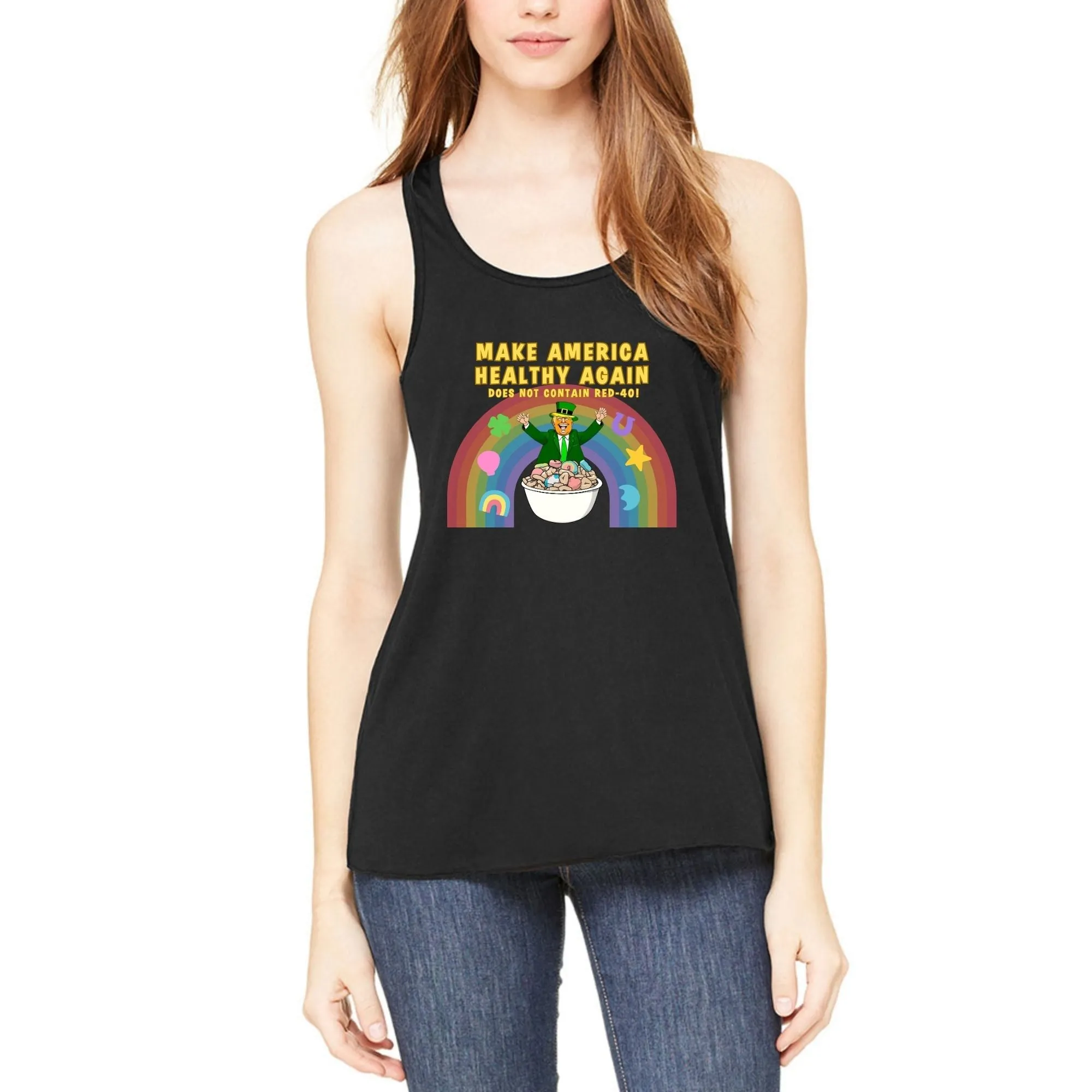 St. Patricks Day Funny and Political Trump Make America Healthy Again Cereal Box Cover Juniors Womens Racerback Tank Top sold by Old Glory