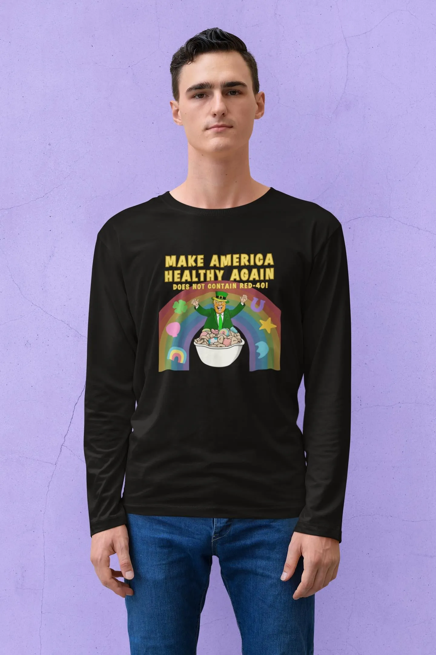 St. Patricks Day Funny and Political Trump Make America Healthy Again Cereal Box Cover Mens Long Sleeve T Shirt sold by Old Glory product image thumbnail 2