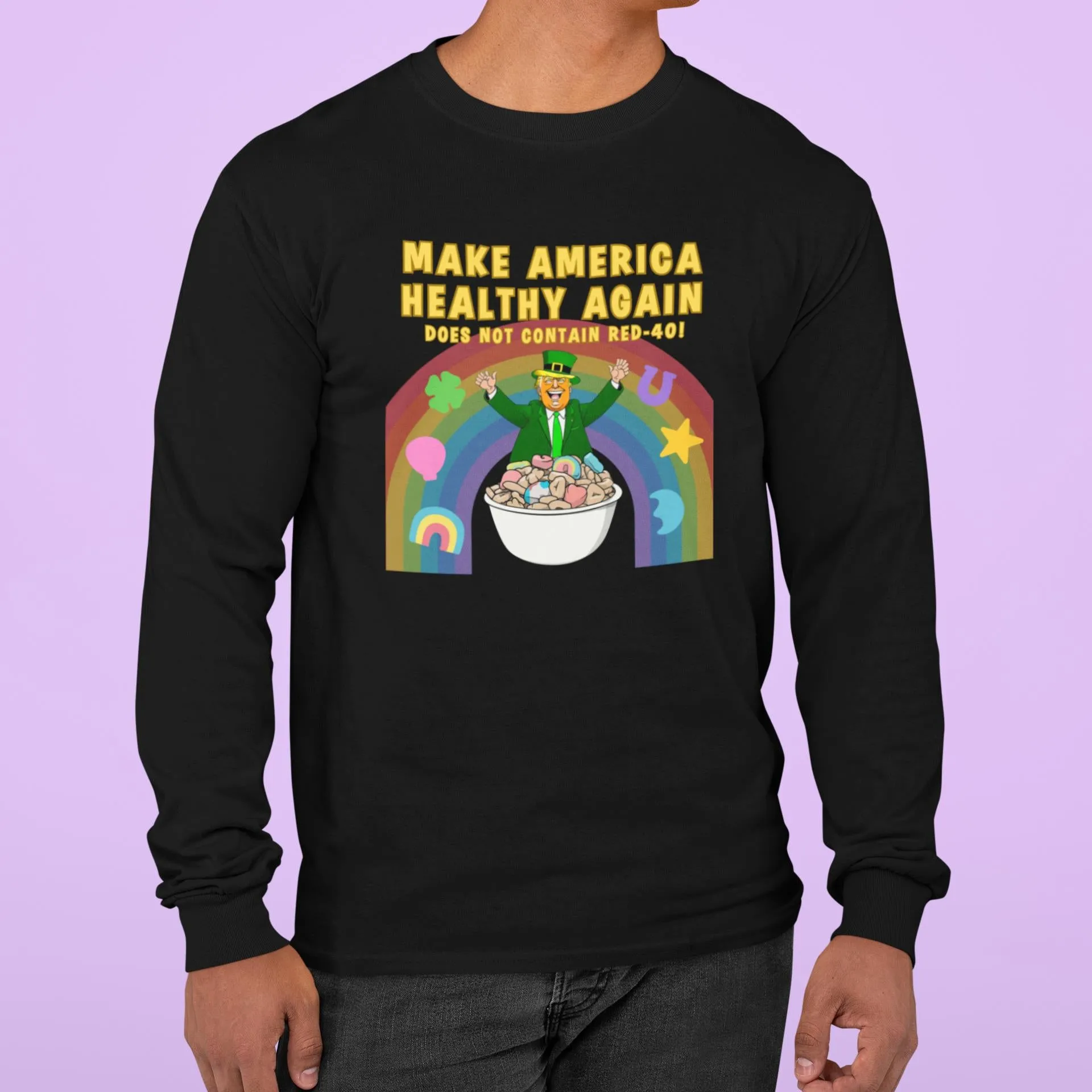 St. Patricks Day Funny and Political Trump Make America Healthy Again Cereal Box Cover Mens Long Sleeve T Shirt sold by Old Glory product image thumbnail 3