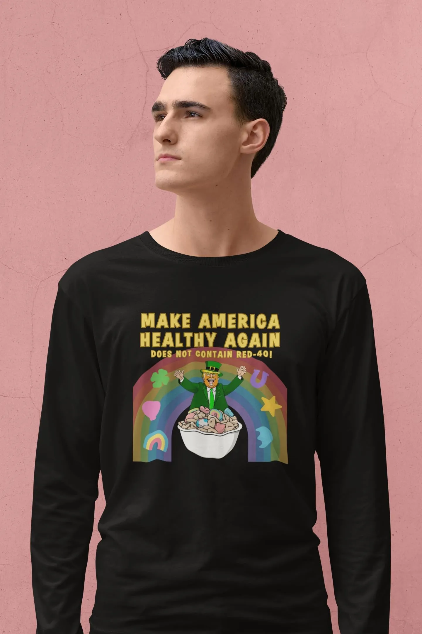St. Patricks Day Funny and Political Trump Make America Healthy Again Cereal Box Cover Mens Long Sleeve T Shirt sold by Old Glory product image thumbnail 4