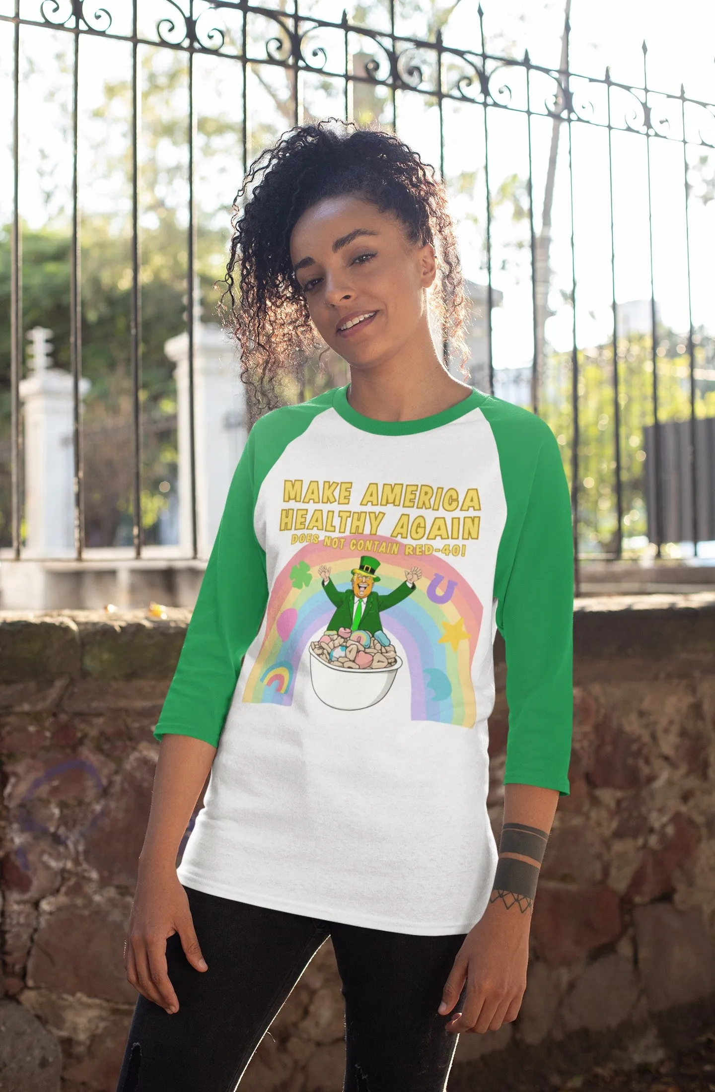 St. Patricks Day Funny and Political Trump Make America Healthy Again Cereal Box Cover Juniors Womens 3/4 Raglan T Shirt sold by Old Glory product image thumbnail 4