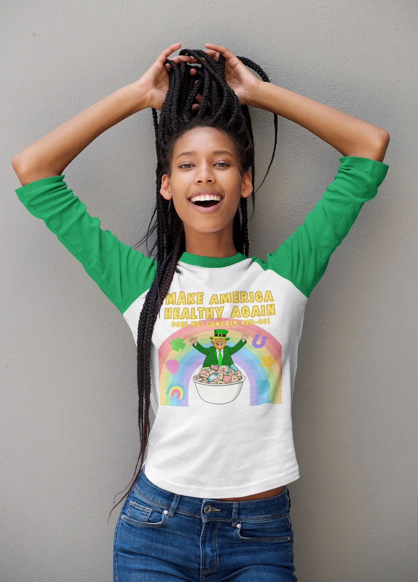St. Patricks Day Funny and Political Trump Make America Healthy Again Cereal Box Cover Juniors Womens 3/4 Raglan T Shirt sold by Old Glory product image thumbnail 5