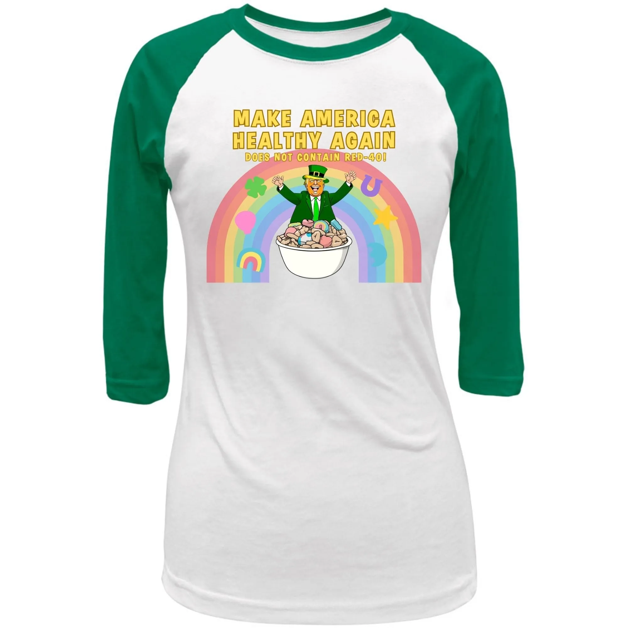 St. Patricks Day Funny and Political Trump Make America Healthy Again Cereal Box Cover Juniors Womens 3/4 Raglan T Shirt sold by Old Glory