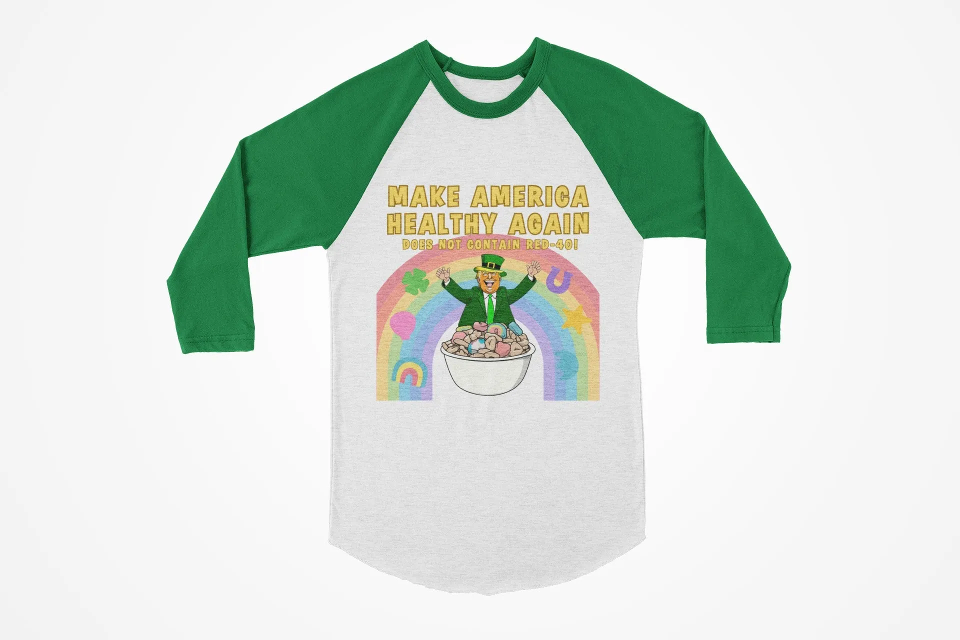 St. Patricks Day Funny and Political Trump Make America Healthy Again Cereal Box Cover Juniors Womens 3/4 Raglan T Shirt sold by Old Glory product image thumbnail 3