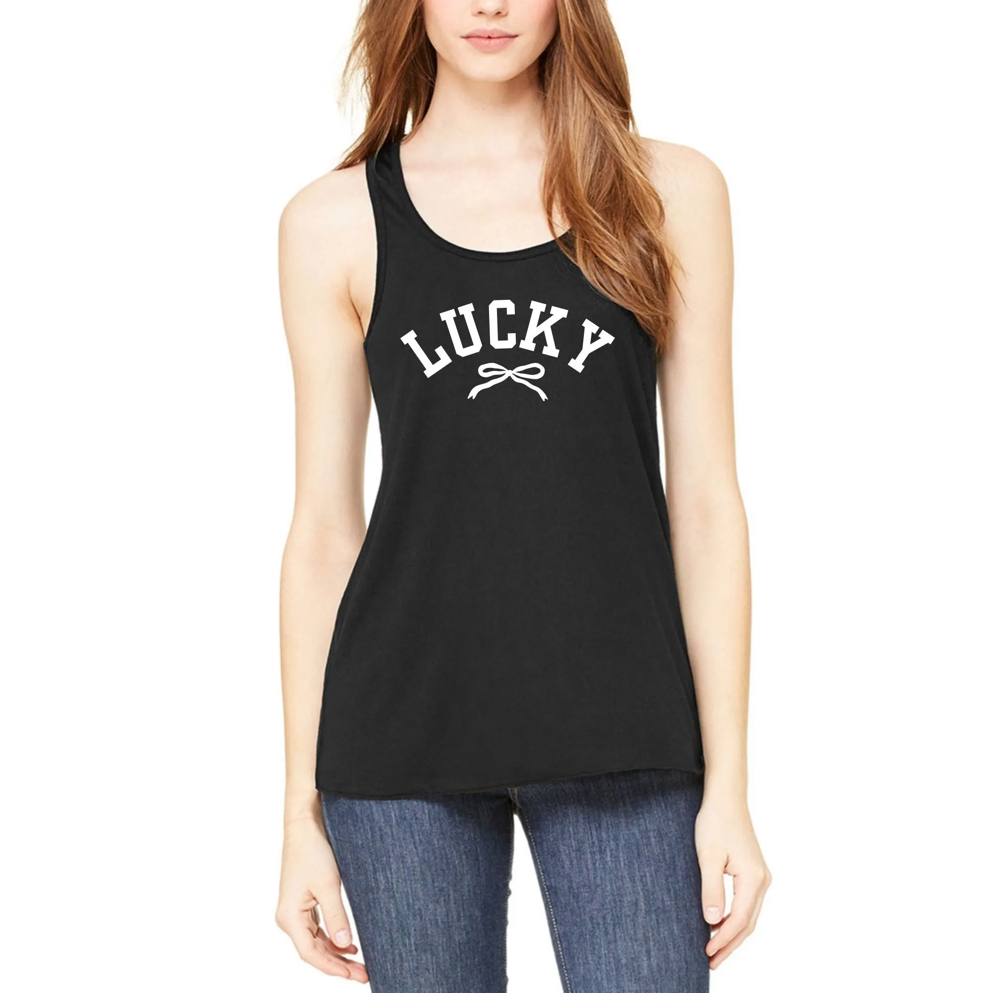 St. Patricks Day Cute Lucky With A Bow Juniors Womens Racerback Tank Top sold by Old Glory