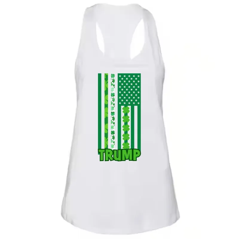 St. Patricks Day Funny and Political Green Shamrock Flag For Trump Juniors Womens Racerback Tank Top sold by Old Glory