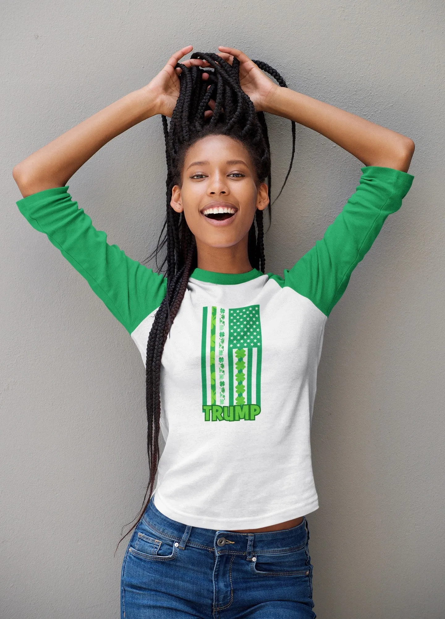 St. Patricks Day Funny and Political Green Shamrock Flag For Trump Juniors Womens 3/4 Raglan T Shirt sold by Old Glory product image thumbnail 2