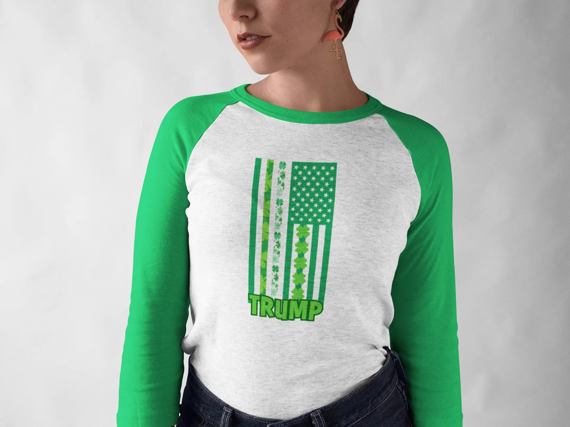 St. Patricks Day Funny and Political Green Shamrock Flag For Trump Juniors Womens 3/4 Raglan T Shirt sold by Old Glory product image thumbnail 4