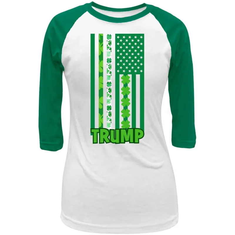 St. Patricks Day Funny and Political Green Shamrock Flag For Trump Juniors Womens 3/4 Raglan T Shirt sold by Old Glory