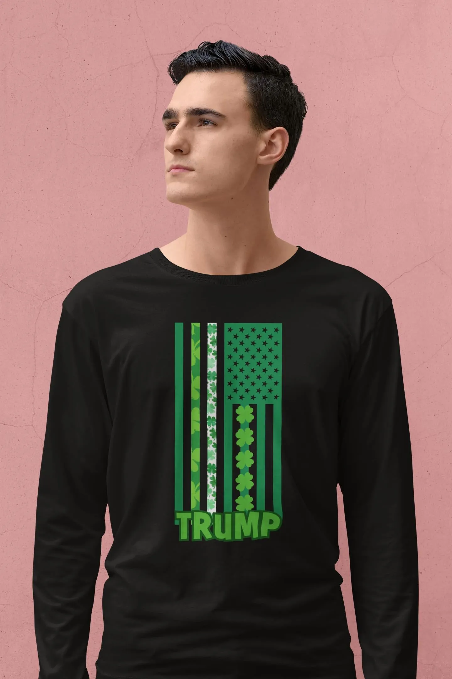 St. Patricks Day Funny and Political Green Shamrock Flag For Trump Mens Long Sleeve T Shirt sold by Old Glory product image thumbnail 4