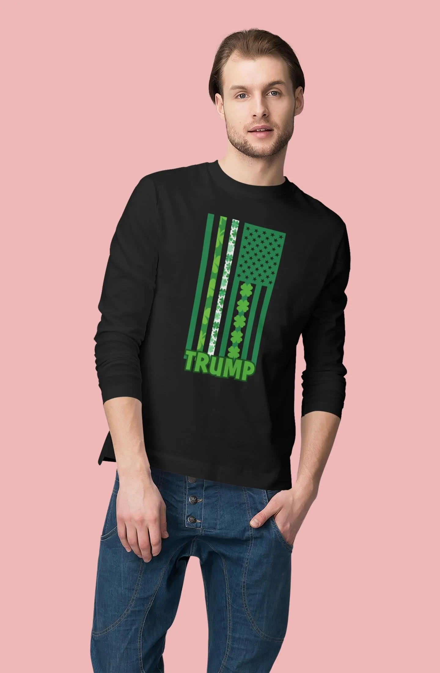 St. Patricks Day Funny and Political Green Shamrock Flag For Trump Mens Long Sleeve T Shirt sold by Old Glory product image thumbnail 5