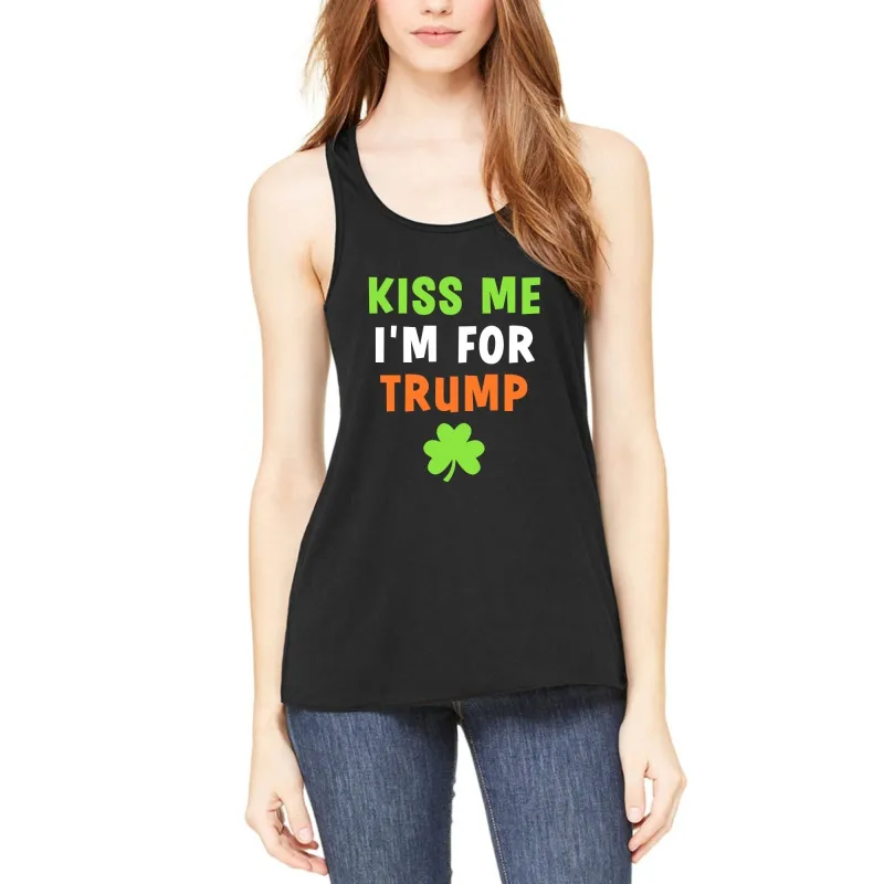 St. Patricks Day Irish Flag Colored Kiss Me I'm For Trump Shamrock Funny and Political Juniors Womens Racerback Tank Top sold by Old Glory