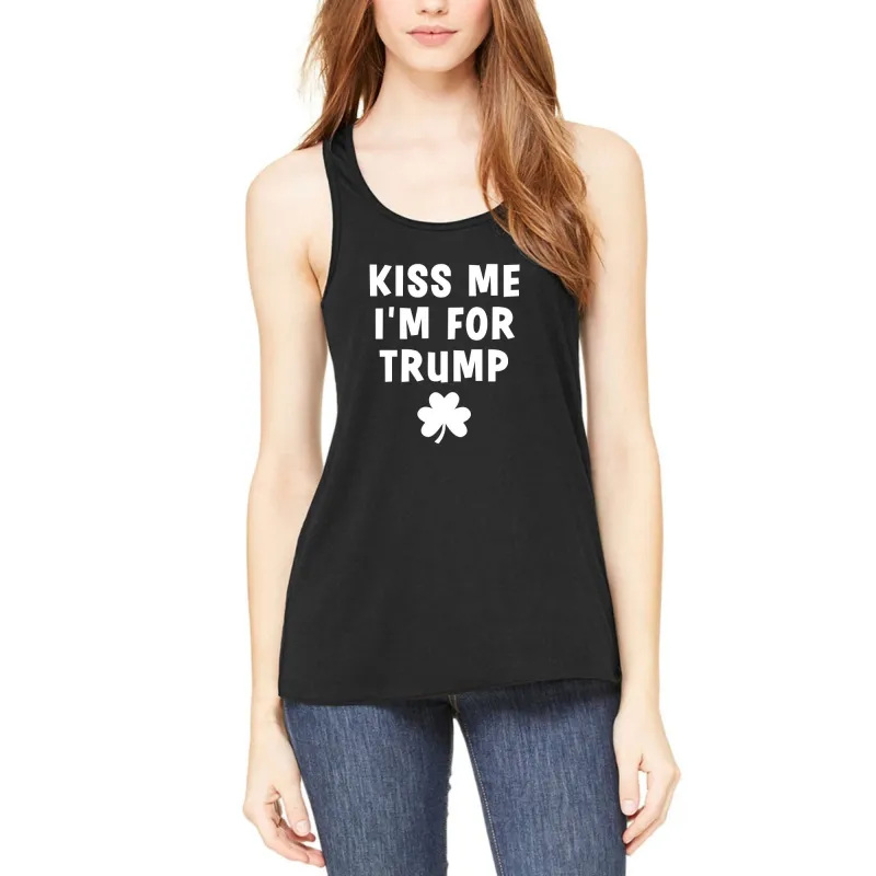 St. Patricks Day Political and Festive Kiss Me I'm For Trump Shamrock Juniors Womens Racerback Tank Top sold by Old Glory