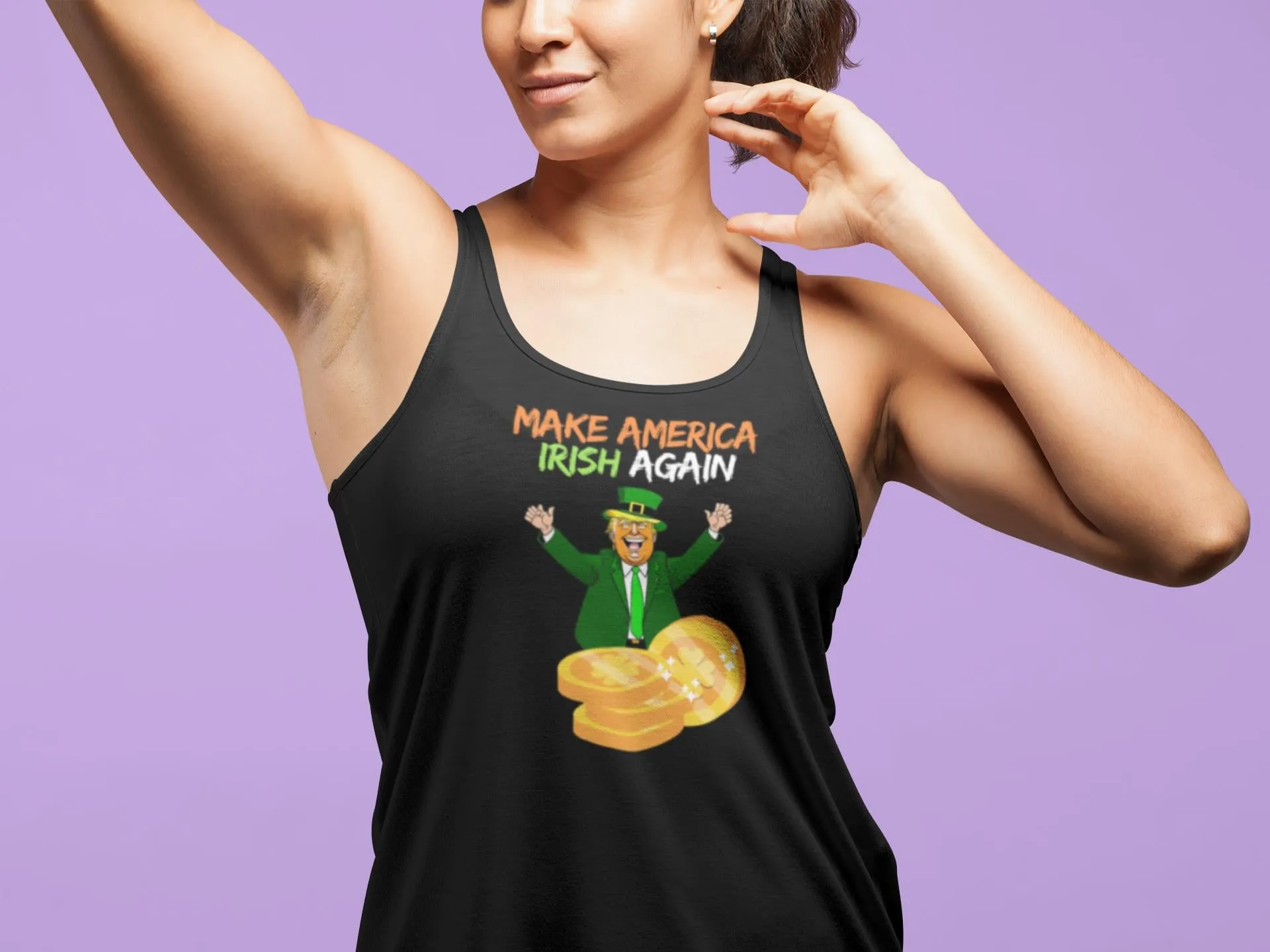 St. Patricks Day Political and Festive Irish Flag Colored Make America Irish Again Gold Coin Juniors Womens Racerback Tank Top sold by Old Glory product image thumbnail 3