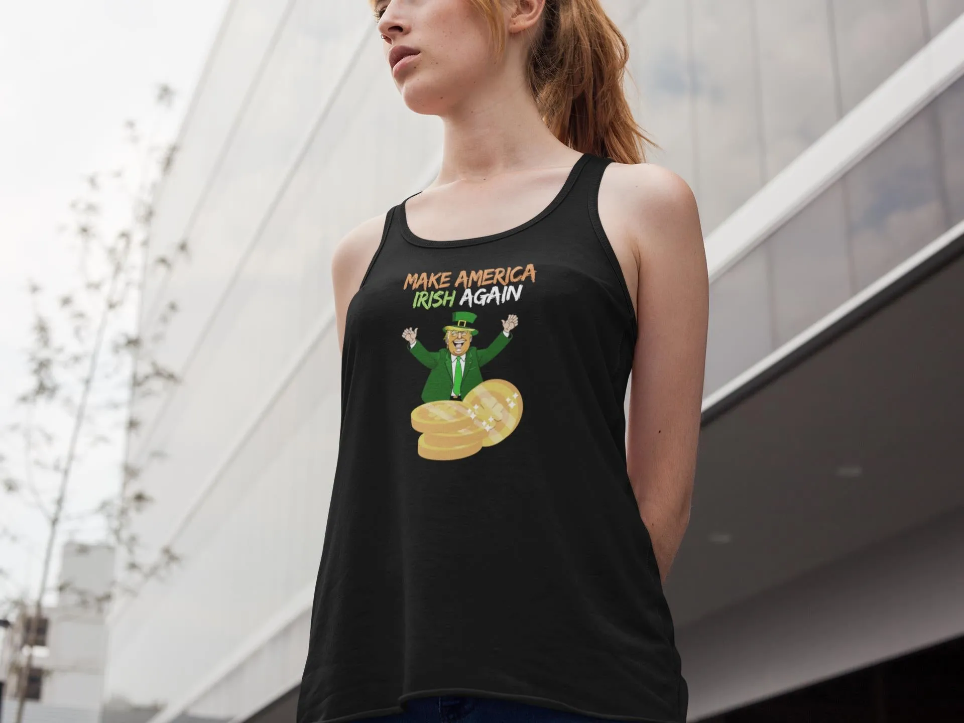St. Patricks Day Political and Festive Irish Flag Colored Make America Irish Again Gold Coin Juniors Womens Racerback Tank Top sold by Old Glory product image thumbnail 2