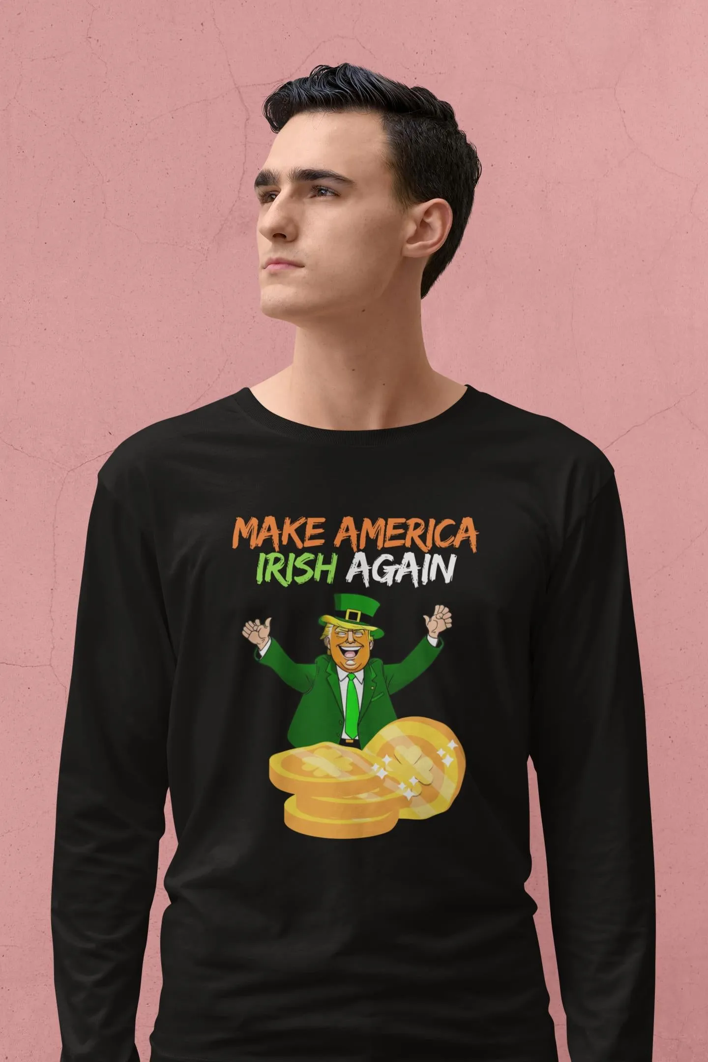 St. Patricks Day Political and Festive Irish Flag Colored Make America Irish Again Gold Coin Mens Long Sleeve T Shirt sold by Old Glory product image thumbnail 4