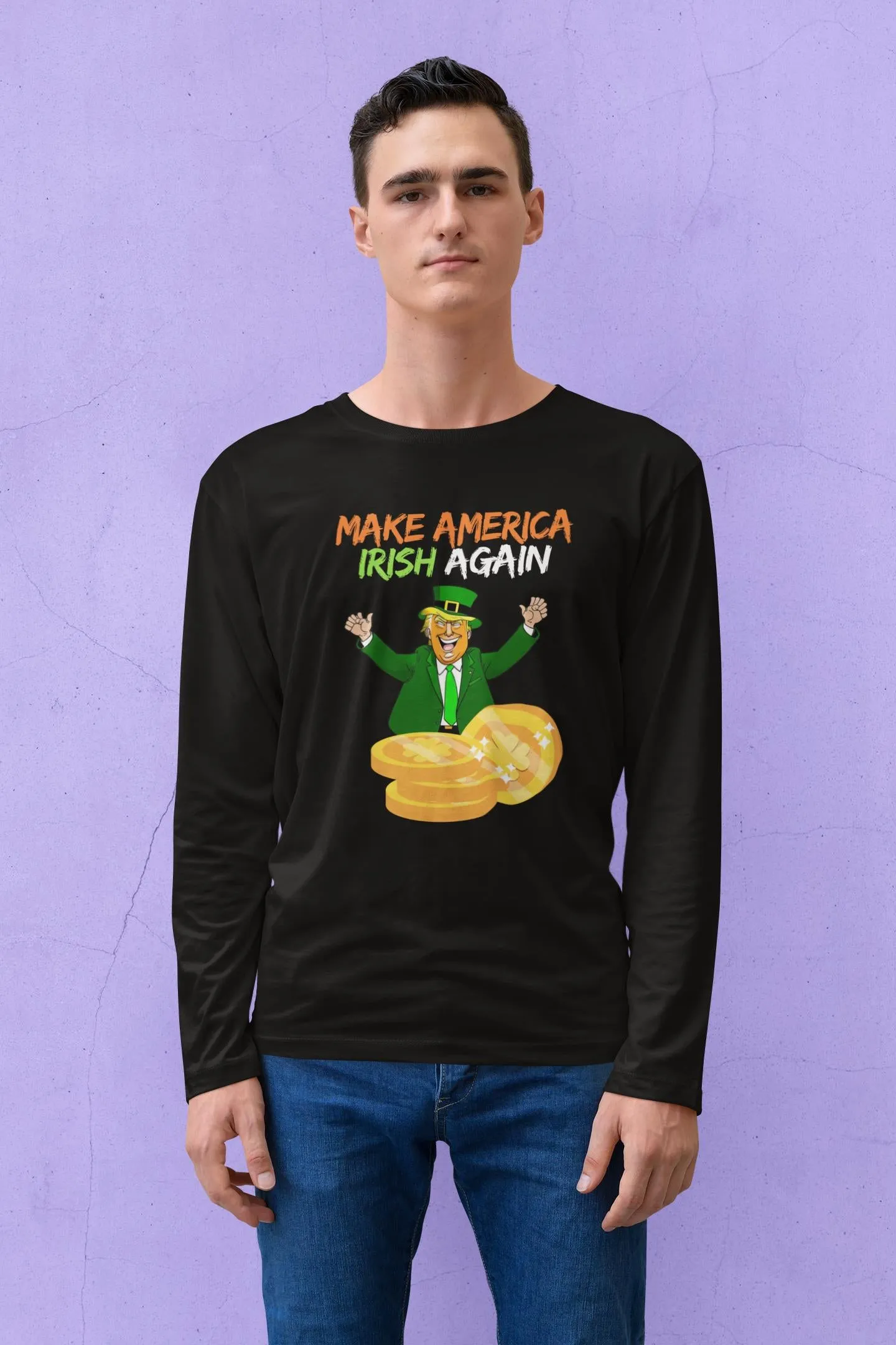 St. Patricks Day Political and Festive Irish Flag Colored Make America Irish Again Gold Coin Mens Long Sleeve T Shirt sold by Old Glory product image thumbnail 5