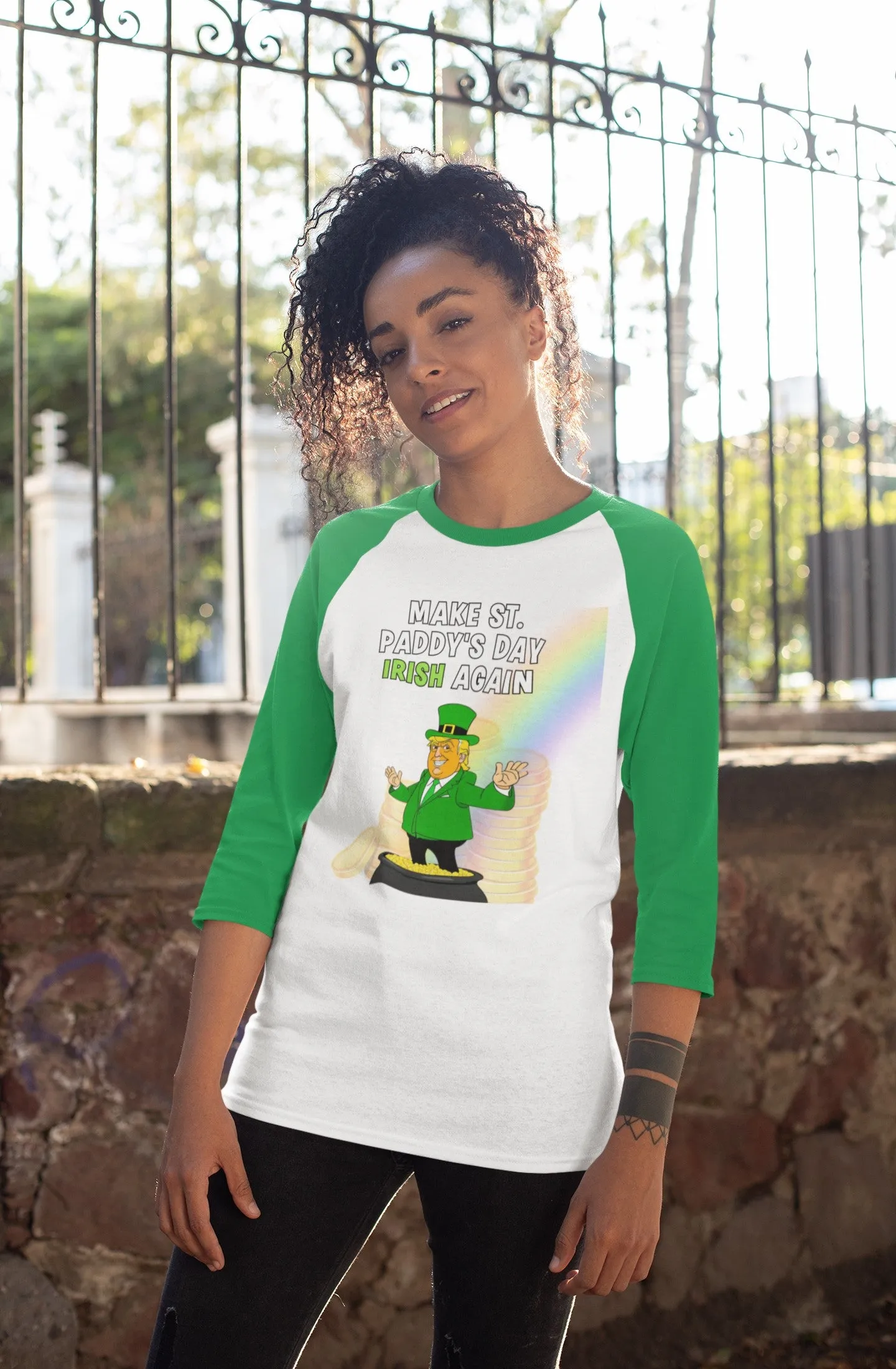 St. Patricks Day Festive and Political Trump Figure Themed Make St. Paddys Day Irish Again End of the Rainbow Juniors Womens 3/4 Raglan T Shirt sold by Old Glory product image thumbnail 2