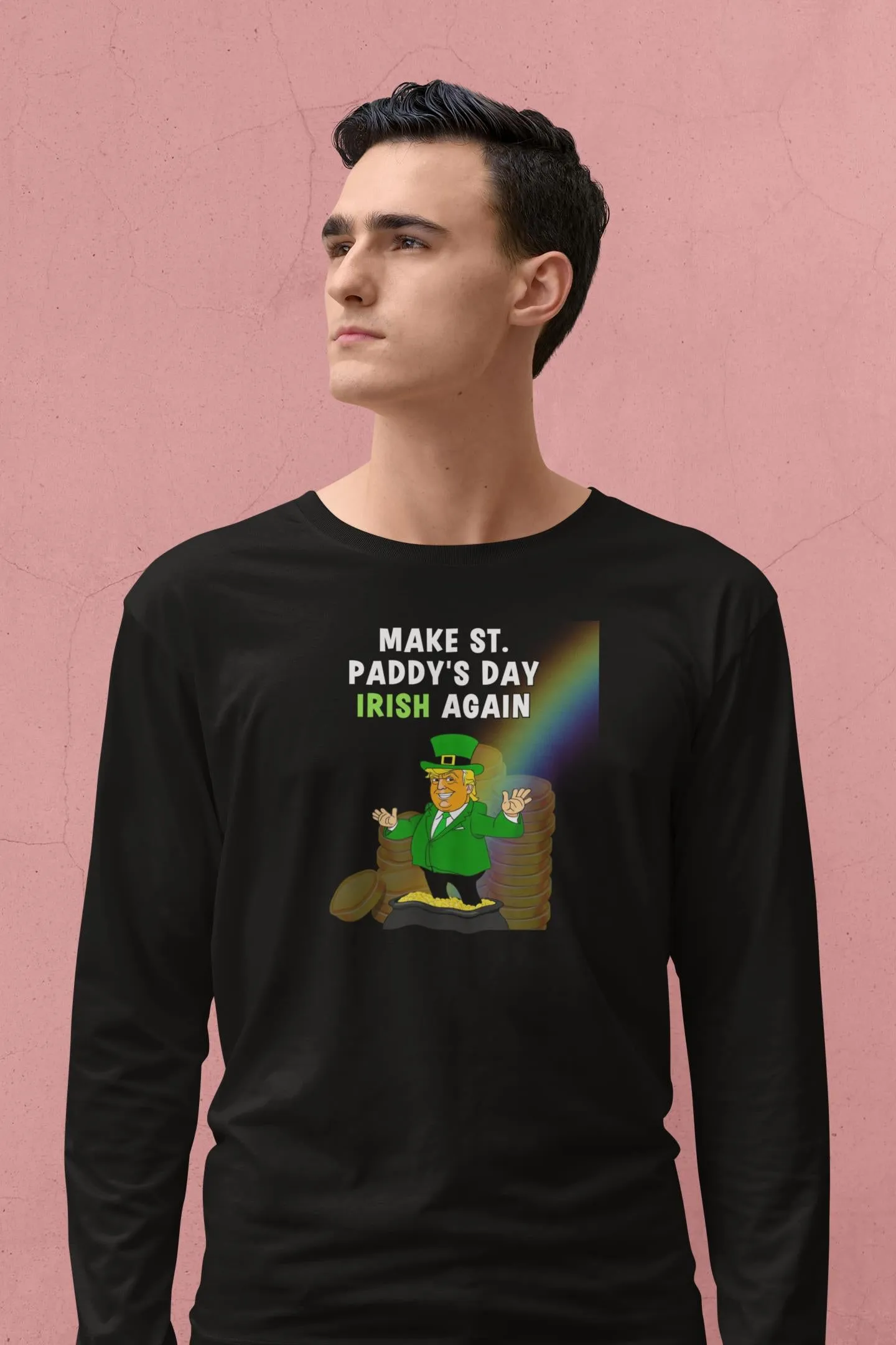 St. Patricks Day Festive and Political Trump Figure Themed Make St. Paddys Day Irish Again End of the Rainbow Mens Long Sleeve T Shirt sold by Old Glory product image thumbnail 5