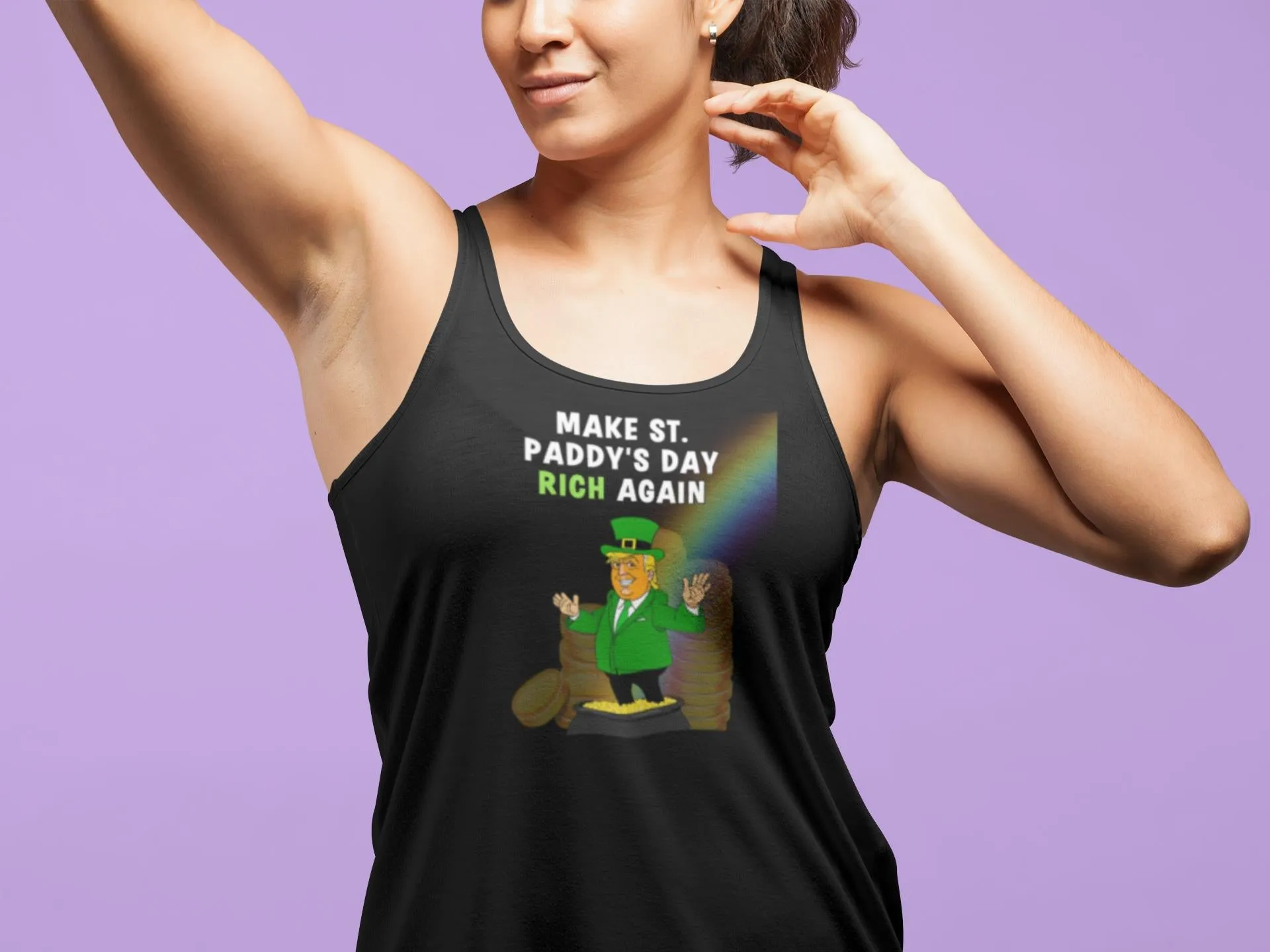 St. Patricks Day Festive and Political Trump Figure Themed Make St. Paddys Day Rich Again End of the Rainbow Juniors Womens Racerback Tank Top sold by Old Glory product image thumbnail 4