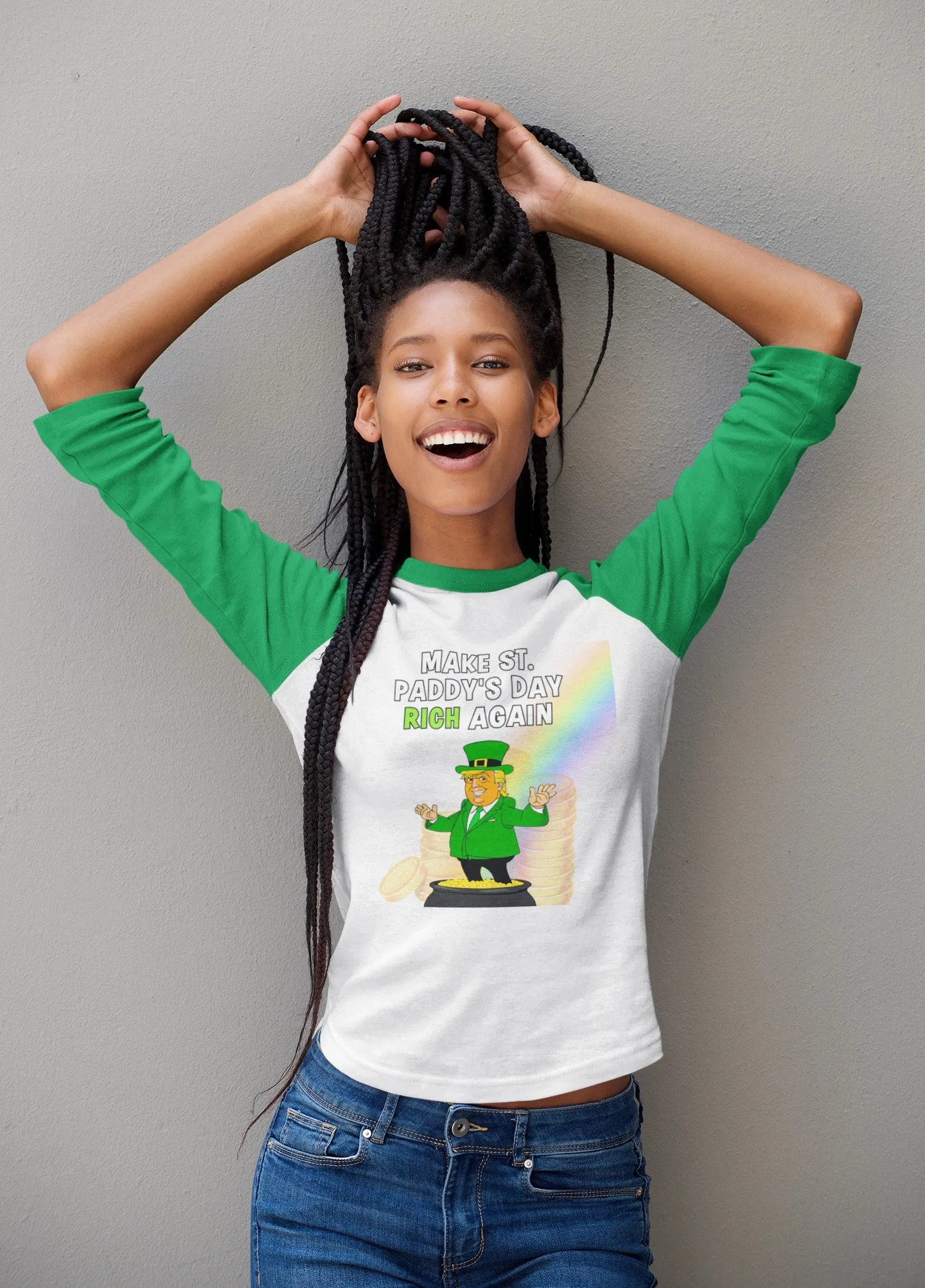 St. Patricks Day Festive and Political Trump Figure Themed Make St. Paddys Day Rich Again End of the Rainbow Juniors Womens 3/4 Raglan T Shirt sold by Old Glory product image thumbnail 5