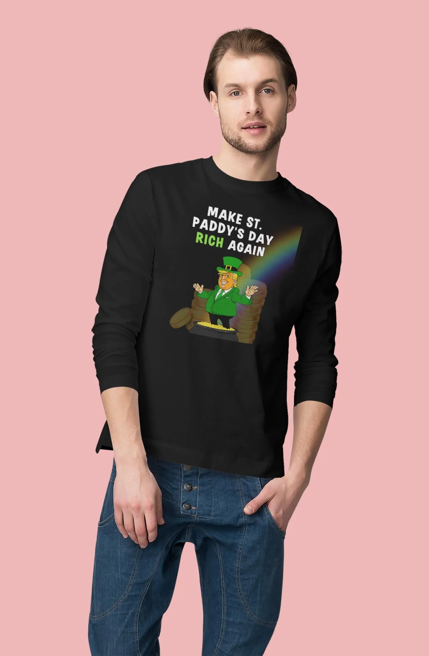 St. Patricks Day Festive and Political Trump Figure Themed Make St. Paddys Day Rich Again End of the Rainbow Mens Long Sleeve T Shirt sold by Old Glory product image thumbnail 3