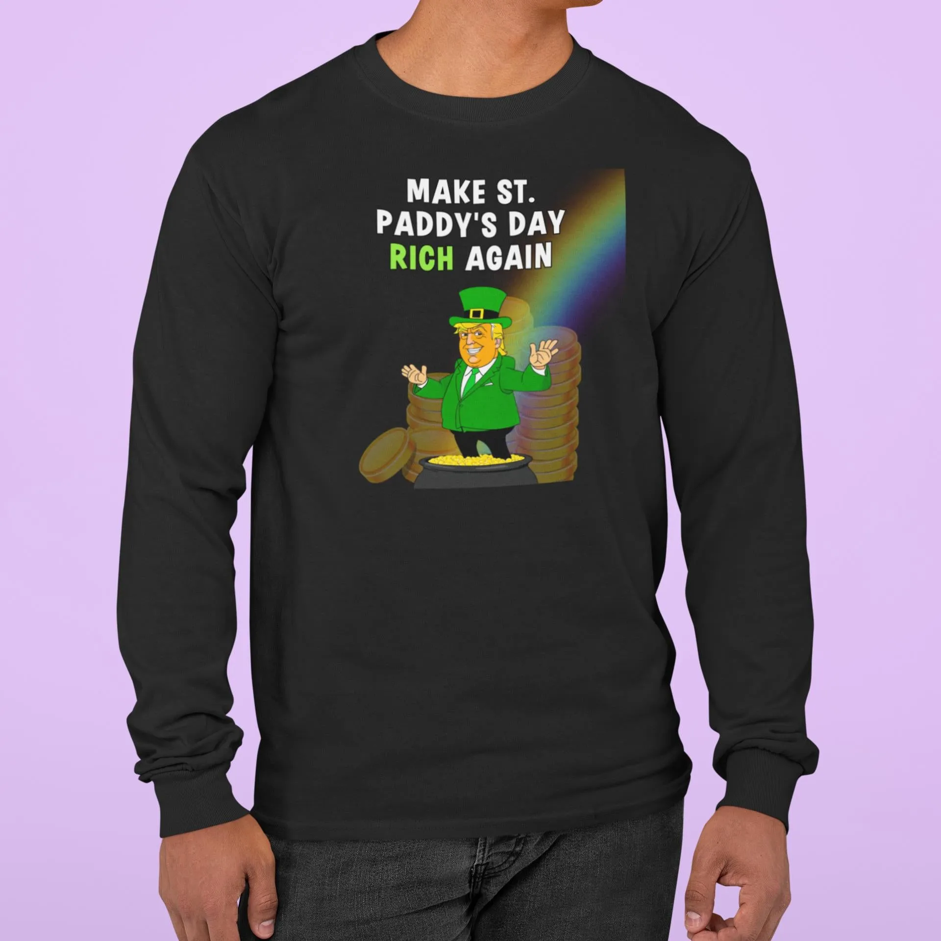 St. Patricks Day Festive and Political Trump Figure Themed Make St. Paddys Day Rich Again End of the Rainbow Mens Long Sleeve T Shirt sold by Old Glory product image thumbnail 5