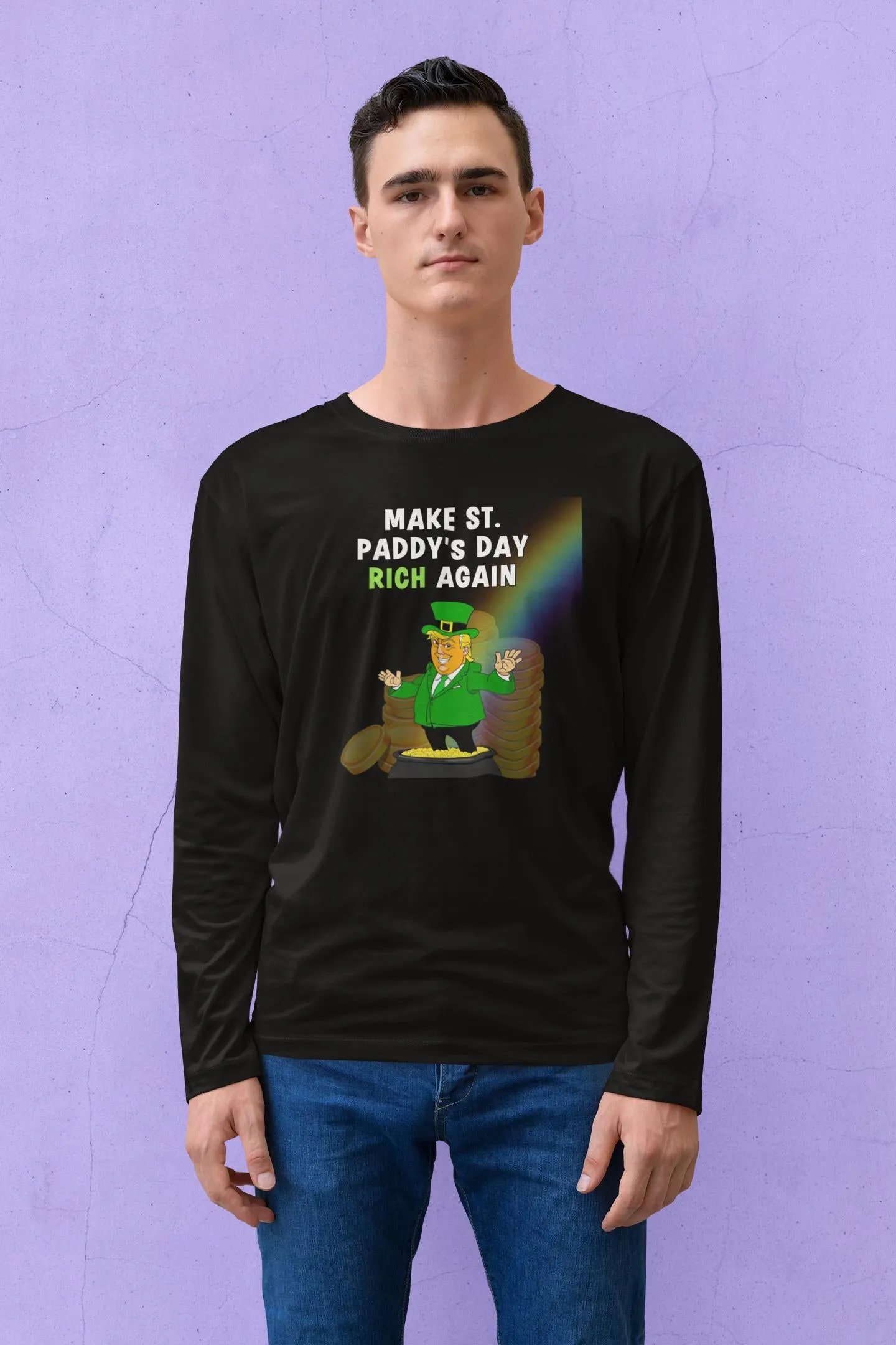 St. Patricks Day Festive and Political Trump Figure Themed Make St. Paddys Day Rich Again End of the Rainbow Mens Long Sleeve T Shirt sold by Old Glory product image thumbnail 4