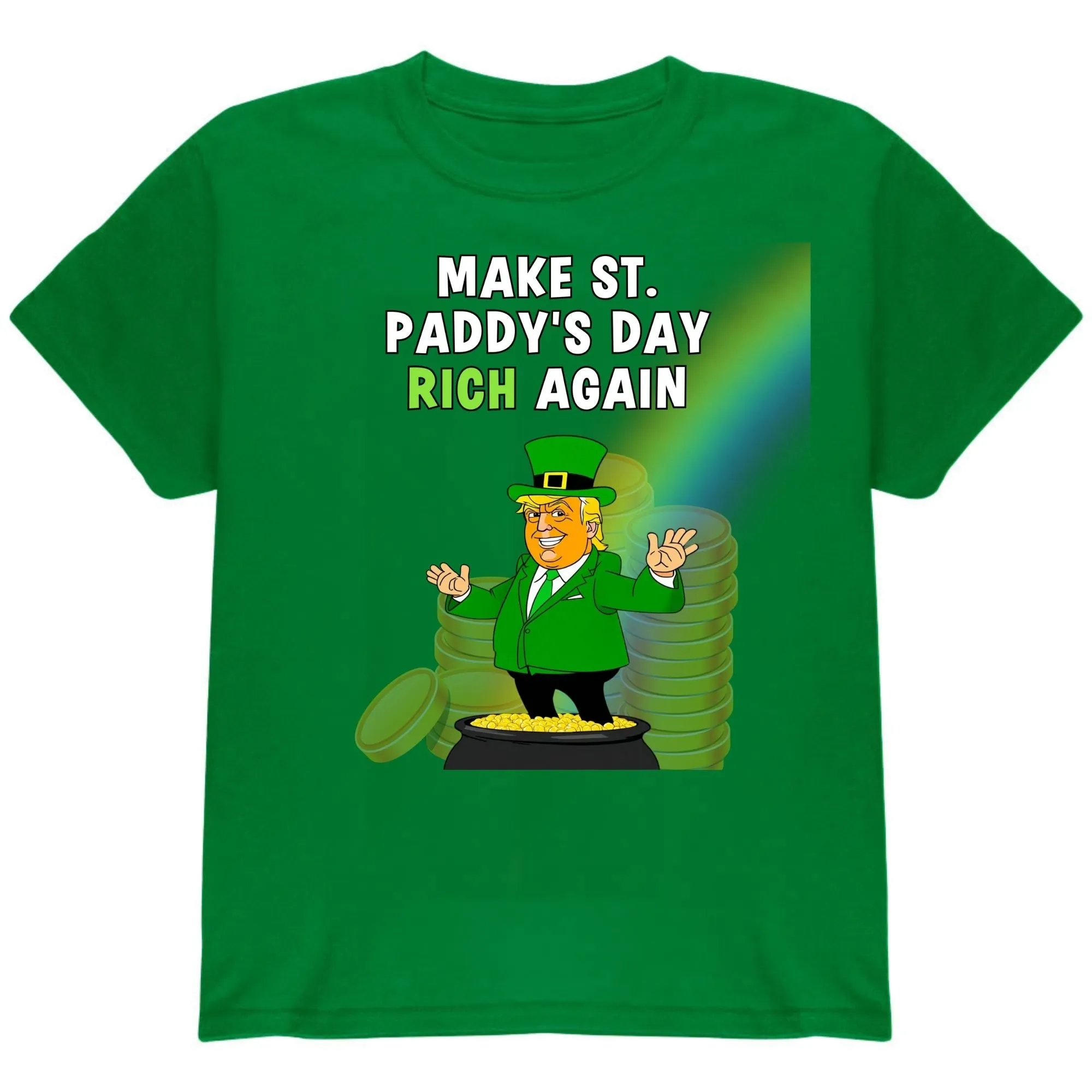 St. Patricks Day Festive and Political Trump Figure Themed Make St. Paddys Day Rich Again End of the Rainbow Youth Short Sleeve T Shirt sold by Old Glory