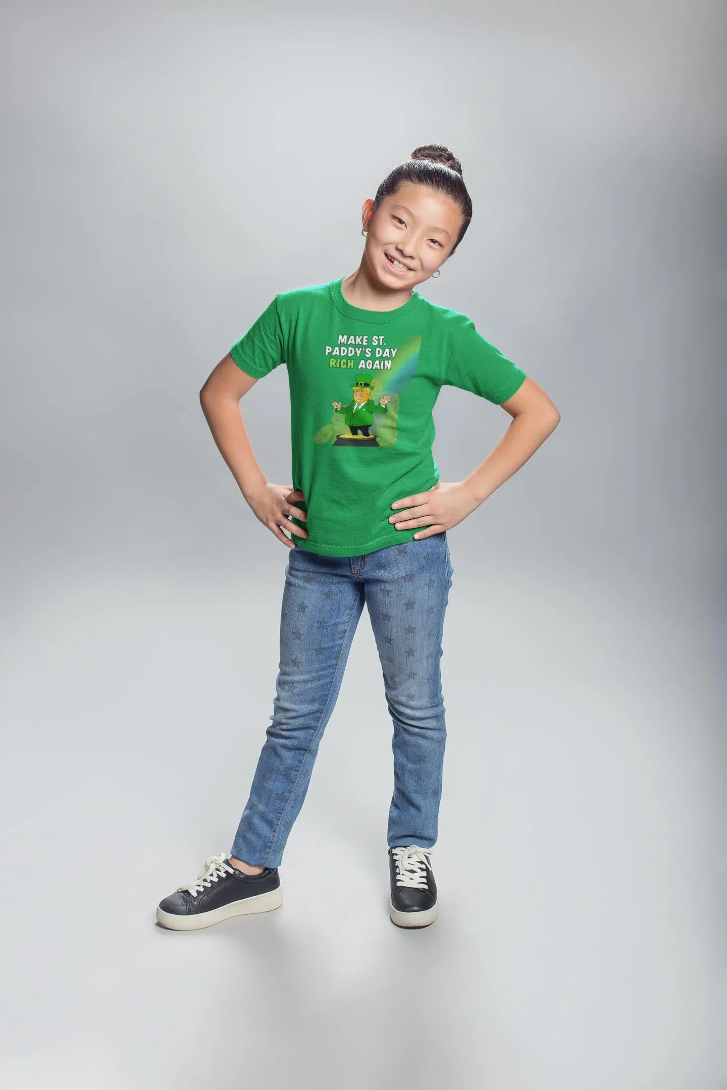 St. Patricks Day Festive and Political Trump Figure Themed Make St. Paddys Day Rich Again End of the Rainbow Youth Short Sleeve T Shirt sold by Old Glory product image thumbnail 3