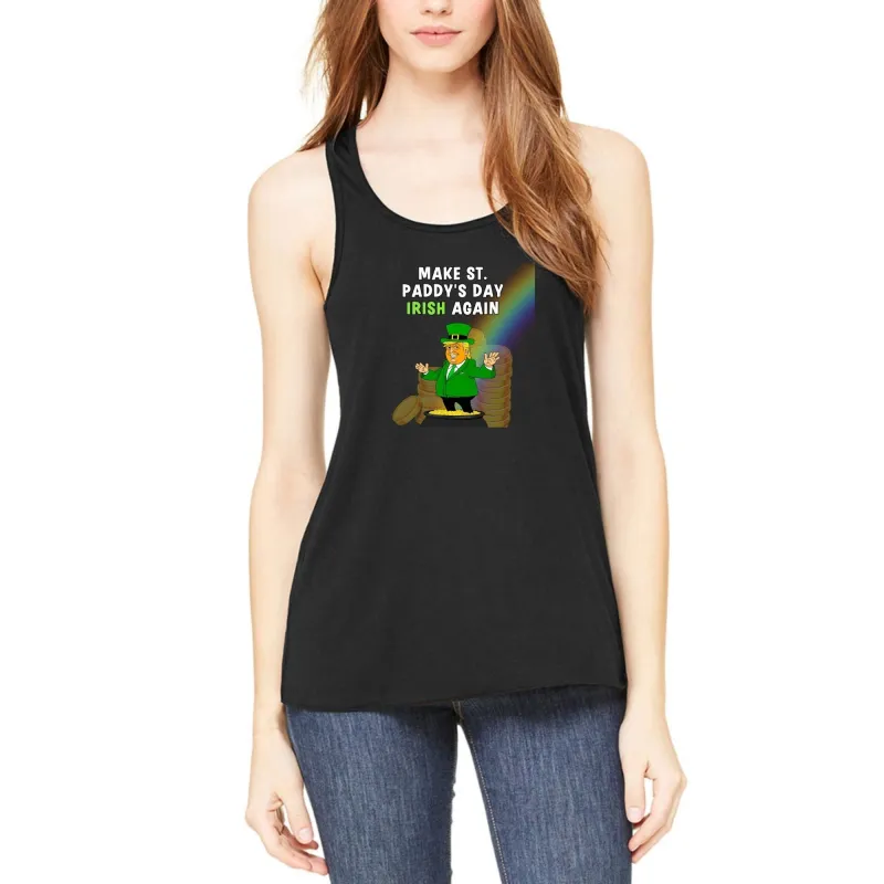 St. Patricks Day Festive and Political Trump Figure Themed Make St. Paddys Day Irish Again End of the Rainbow Juniors Womens Racerback Tank Top sold by Old Glory