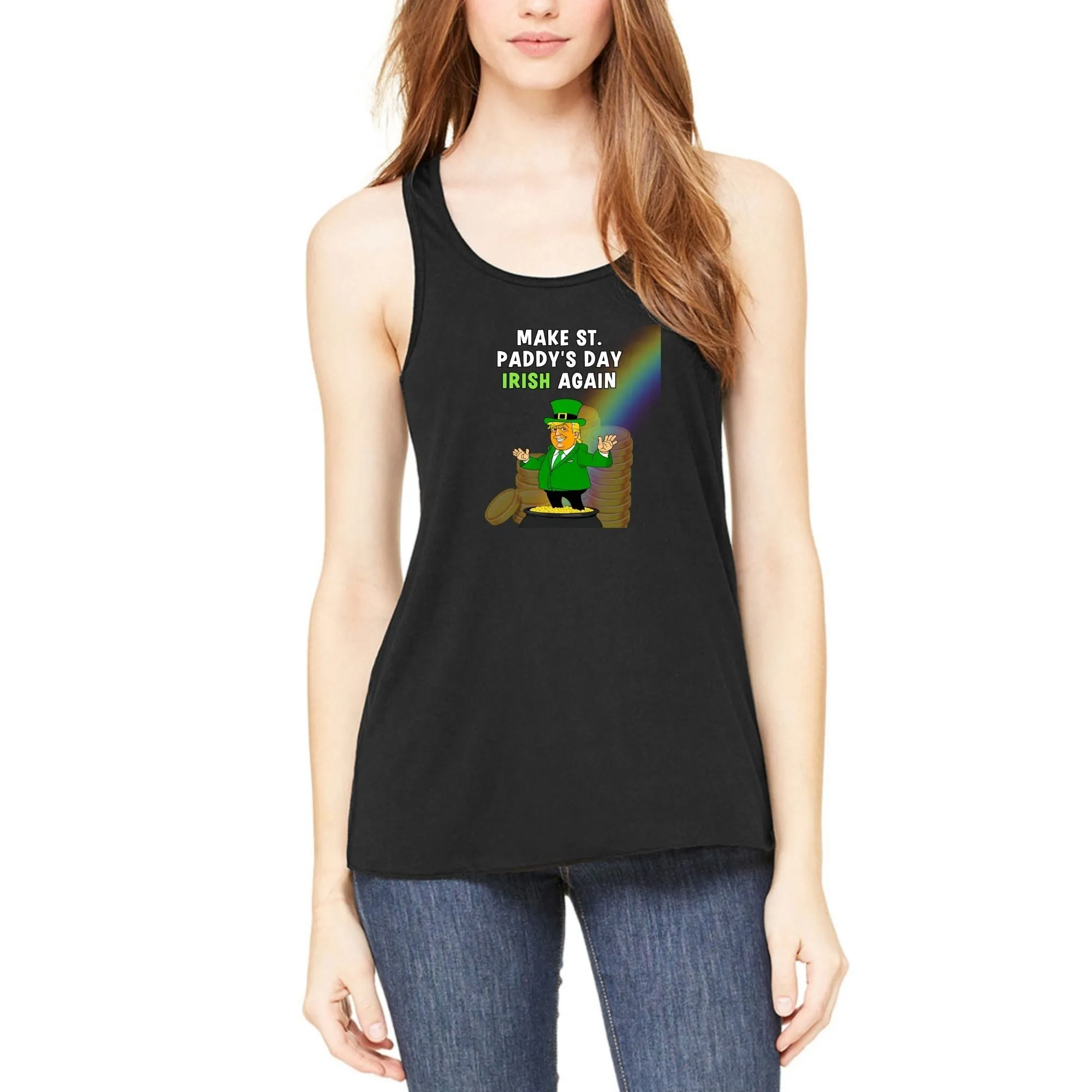 St. Patricks Day Festive and Political Trump Figure Themed Make St. Paddys Day Irish Again End of the Rainbow Juniors Womens Racerback Tank Top sold by Old Glory
